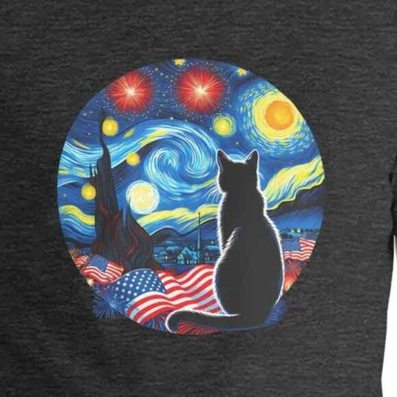 Patriotic Cat Shirt, Starry Night July 4th Fireworks Tee, American Flag Tshirt - Picture 2 of 4